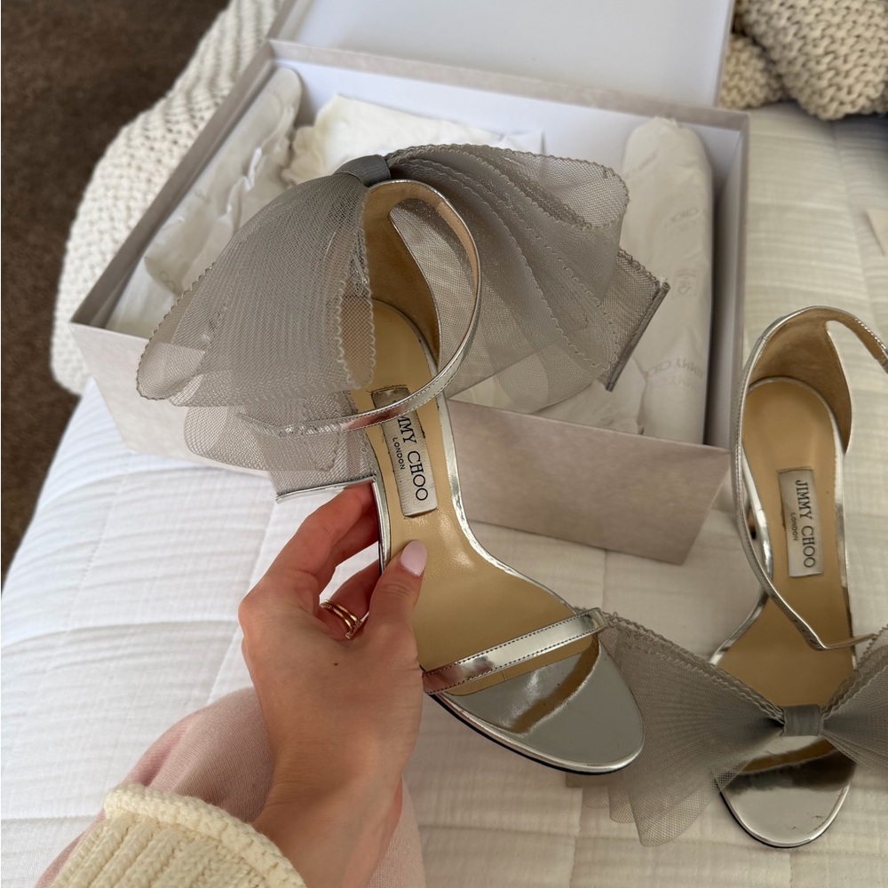 Jimmy Choo Silver Metallic Mesh Bow Slingback Heels - Picture 4 of 9